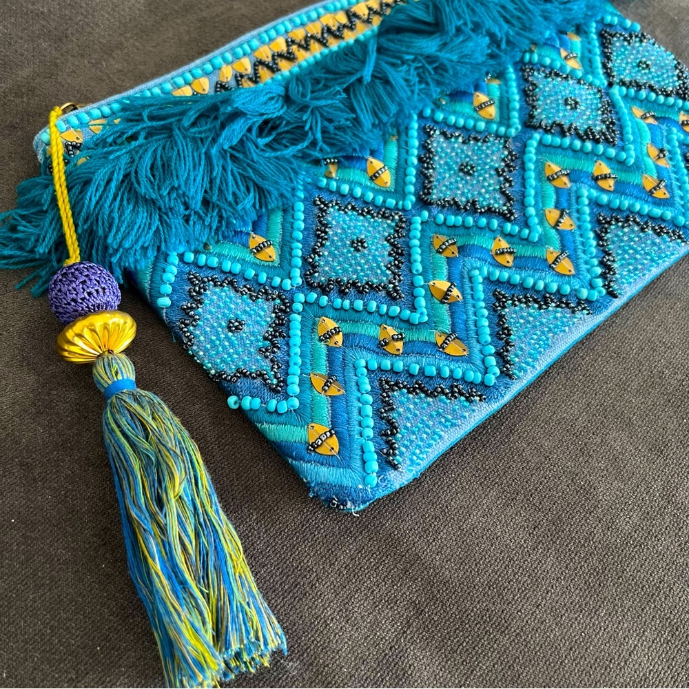 STEVEN by Steve Madden Jsuzzana Blue Boho Beaded Embroidered Fringe Clutch